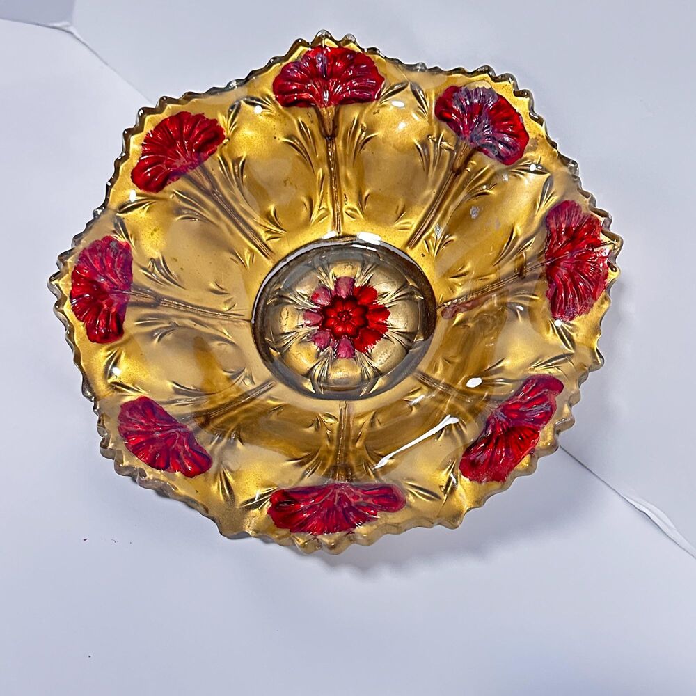 Antique Goofus Glass Bowl Red Carnation Gold Enamel EAPG Vintage Carnival 9.5"